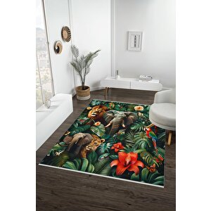 Halı – Yeşil; Kırmızı; Kahverengi; Turuncu – Hayvan Desen, Pamuk Dokuma Taban, Makinede Yıkanabilir, Kolay Temizlenebilir, Toz Ve Tüy Tutmaz, Kaymaz, Evcil Hayvan Dostu 150x300 cm