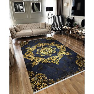 Halı – Lacivert; Gold – Geleneksel Desen, Pamuk Dokuma Taban, Makinede Yıkanabilir, Kolay Temizlenebilir, Toz Ve Tüy Tutmaz, Kaymaz, Evcil Hayvan Dostu 160x180 cm