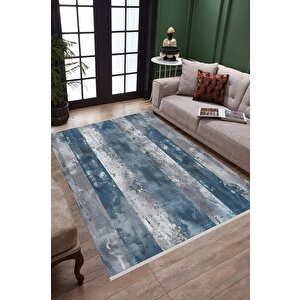 Halı – Mavi; Gri – Çizgili Desen, Pamuk Dokuma Taban, Makinede Yıkanabilir, Kolay Temizlenebilir, Toz Ve Tüy Tutmaz, Kaymaz, Evcil Hayvan Dostu 80x80 cm