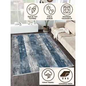 Halı – Mavi; Gri – Çizgili Desen, Pamuk Dokuma Taban, Makinede Yıkanabilir, Kolay Temizlenebilir, Toz Ve Tüy Tutmaz, Kaymaz, Evcil Hayvan Dostu 80x80 cm