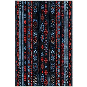 Halı – Kırmızı; Mavi; Siyah – Etnik Desen, Pamuk Dokuma Taban, Makinede Yıkanabilir, Kolay Temizlenebilir, Toz Ve Tüy Tutmaz, Kaymaz, Evcil Hayvan Dostu 80x150 cm