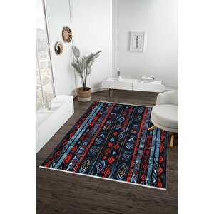 Halı – Kırmızı; Mavi; Siyah – Etnik Desen, Pamuk Dokuma Taban, Makinede Yıkanabilir, Kolay Temizlenebilir, Toz Ve Tüy Tutmaz, Kaymaz, Evcil Hayvan Dostu