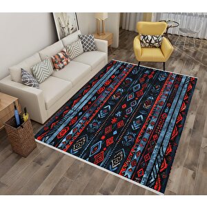 Halı – Kırmızı; Mavi; Siyah – Etnik Desen, Pamuk Dokuma Taban, Makinede Yıkanabilir, Kolay Temizlenebilir, Toz Ve Tüy Tutmaz, Kaymaz, Evcil Hayvan Dostu