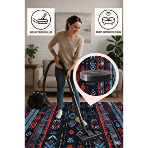 Halı – Kırmızı; Mavi; Siyah – Etnik Desen, Pamuk Dokuma Taban, Makinede Yıkanabilir, Kolay Temizlenebilir, Toz Ve Tüy Tutmaz, Kaymaz, Evcil Hayvan Dostu