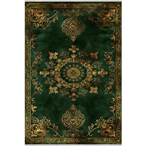 Halı – Yeşil; Gold – Geleneksel Desen, Pamuk Dokuma Taban, Makinede Yıkanabilir, Kolay Temizlenebilir, Toz Ve Tüy Tutmaz, Kaymaz, Evcil Hayvan Dostu 150x300 cm