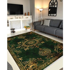 Halı – Yeşil; Gold – Geleneksel Desen, Pamuk Dokuma Taban, Makinede Yıkanabilir, Kolay Temizlenebilir, Toz Ve Tüy Tutmaz, Kaymaz, Evcil Hayvan Dostu 150x300 cm