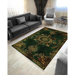 Halı – Yeşil; Gold – Geleneksel Desen, Pamuk Dokuma Taban, Makinede Yıkanabilir, Kolay Temizlenebilir, Toz Ve Tüy Tutmaz, Kaymaz, Evcil Hayvan Dostu 150x300 cm