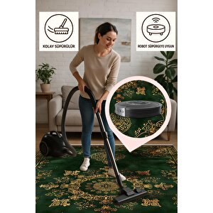 Halı – Yeşil; Gold – Geleneksel Desen, Pamuk Dokuma Taban, Makinede Yıkanabilir, Kolay Temizlenebilir, Toz Ve Tüy Tutmaz, Kaymaz, Evcil Hayvan Dostu