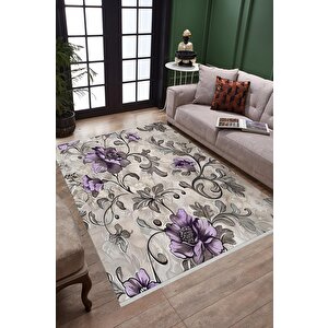 Yıkanabilir Halı – Mor; Gri; Krem – Çiçekli Desen, Pamuk Dokuma Taban, Makinede Yıkanabilir, Kolay Temizlenebilir, Toz Ve Tüy Tutmaz, Kaymaz, Evcil Hayvan Dostu 100x180 cm