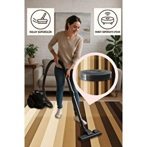 Yıkanabilir Halı – Krem; Bej; Kahverengi – Çizgili Desen, Pamuk Dokuma Taban, Makinede Yıkanabilir, Kolay Temizlenebilir, Toz Ve Tüy Tutmaz, Kaymaz, Evcil Hayvan Dostu