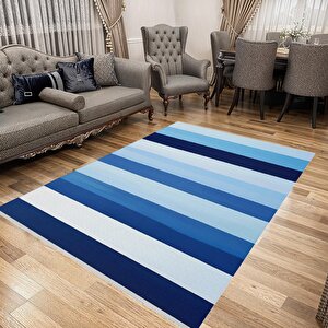 Yıkanabilir Halı – Mavi; Lacivert; Açık Mavi – Çizgili Desen, Pamuk Dokuma Taban, Makinede Yıkanabilir, Kolay Temizlenebilir, Toz Ve Tüy Tutmaz, Kaymaz, Evcil Hayvan Dostu 100x180 cm