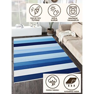 Yıkanabilir Halı – Mavi; Lacivert; Açık Mavi – Çizgili Desen, Pamuk Dokuma Taban, Makinede Yıkanabilir, Kolay Temizlenebilir, Toz Ve Tüy Tutmaz, Kaymaz, Evcil Hayvan Dostu 100x180 cm