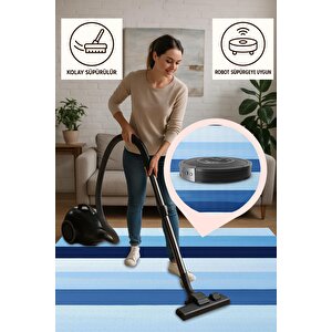 Yıkanabilir Halı – Mavi; Lacivert; Açık Mavi – Çizgili Desen, Pamuk Dokuma Taban, Makinede Yıkanabilir, Kolay Temizlenebilir, Toz Ve Tüy Tutmaz, Kaymaz, Evcil Hayvan Dostu