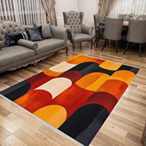 Yıkanabilir Halı – Turuncu; Sarı; Krem; Siyah – Geometrik Desen, Pamuk Dokuma Taban, Makinede Yıkanabilir, Kolay Temizlenebilir, Toz Ve Tüy Tutmaz, Kaymaz, Evcil Hayvan Dostu 100x100 cm