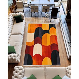 Yıkanabilir Halı – Turuncu; Sarı; Krem; Siyah – Geometrik Desen, Pamuk Dokuma Taban, Makinede Yıkanabilir, Kolay Temizlenebilir, Toz Ve Tüy Tutmaz, Kaymaz, Evcil Hayvan Dostu 100x100 cm