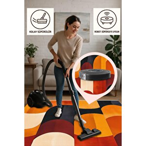 Yıkanabilir Halı – Turuncu; Sarı; Krem; Siyah – Geometrik Desen, Pamuk Dokuma Taban, Makinede Yıkanabilir, Kolay Temizlenebilir, Toz Ve Tüy Tutmaz, Kaymaz, Evcil Hayvan Dostu