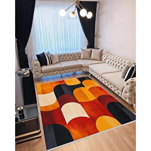 Yıkanabilir Halı – Turuncu; Sarı; Krem; Siyah – Geometrik Desen, Pamuk Dokuma Taban, Makinede Yıkanabilir, Kolay Temizlenebilir, Toz Ve Tüy Tutmaz, Kaymaz, Evcil Hayvan Dostu