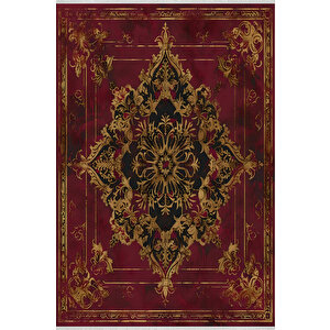 Halı – Kırmızı; Siyah; Gold – Geleneksel Desen, Pamuk Dokuma Taban, Makinede Yıkanabilir, Kolay Temizlenebilir, Toz Ve Tüy Tutmaz, Kaymaz, Evcil Hayvan Dostu 200x270 cm