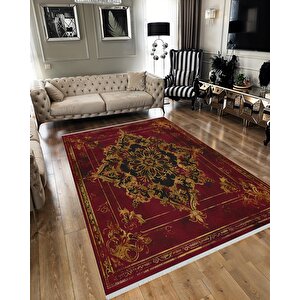 Halı – Kırmızı; Siyah; Gold – Geleneksel Desen, Pamuk Dokuma Taban, Makinede Yıkanabilir, Kolay Temizlenebilir, Toz Ve Tüy Tutmaz, Kaymaz, Evcil Hayvan Dostu 200x270 cm