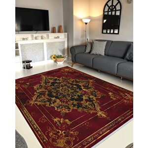 Halı – Kırmızı; Siyah; Gold – Geleneksel Desen, Pamuk Dokuma Taban, Makinede Yıkanabilir, Kolay Temizlenebilir, Toz Ve Tüy Tutmaz, Kaymaz, Evcil Hayvan Dostu 200x270 cm