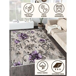 Yıkanabilir Halı – Mor; Gri; Krem – Çiçekli Desen, Pamuk Dokuma Taban, Makinede Yıkanabilir, Kolay Temizlenebilir, Toz Ve Tüy Tutmaz, Kaymaz, Evcil Hayvan Dostu 180x200 cm