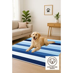 Yıkanabilir Halı – Mavi; Lacivert; Açık Mavi – Çizgili Desen, Pamuk Dokuma Taban, Makinede Yıkanabilir, Kolay Temizlenebilir, Toz Ve Tüy Tutmaz, Kaymaz, Evcil Hayvan Dostu