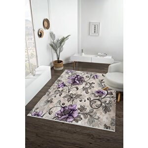 Yıkanabilir Halı – Mor; Gri; Krem – Çiçekli Desen, Pamuk Dokuma Taban, Makinede Yıkanabilir, Kolay Temizlenebilir, Toz Ve Tüy Tutmaz, Kaymaz, Evcil Hayvan Dostu
