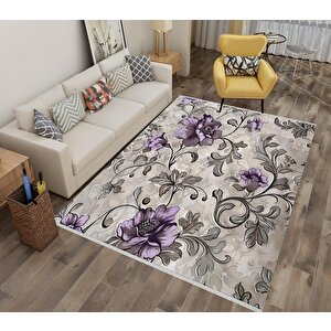 Yıkanabilir Halı – Mor; Gri; Krem – Çiçekli Desen, Pamuk Dokuma Taban, Makinede Yıkanabilir, Kolay Temizlenebilir, Toz Ve Tüy Tutmaz, Kaymaz, Evcil Hayvan Dostu
