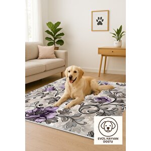 Yıkanabilir Halı – Mor; Gri; Krem – Çiçekli Desen, Pamuk Dokuma Taban, Makinede Yıkanabilir, Kolay Temizlenebilir, Toz Ve Tüy Tutmaz, Kaymaz, Evcil Hayvan Dostu