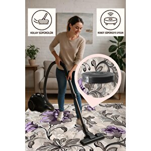 Yıkanabilir Halı – Mor; Gri; Krem – Çiçekli Desen, Pamuk Dokuma Taban, Makinede Yıkanabilir, Kolay Temizlenebilir, Toz Ve Tüy Tutmaz, Kaymaz, Evcil Hayvan Dostu