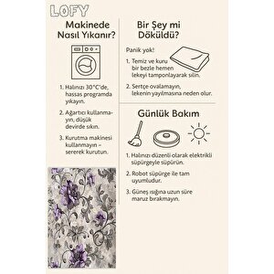 Yıkanabilir Halı – Mor; Gri; Krem – Çiçekli Desen, Pamuk Dokuma Taban, Makinede Yıkanabilir, Kolay Temizlenebilir, Toz Ve Tüy Tutmaz, Kaymaz, Evcil Hayvan Dostu