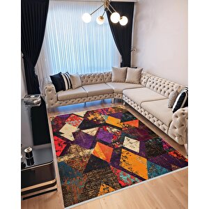 Yıkanabilir Halı – Mor; Turuncu; Krem; Siyah – Geometrik Desen, Pamuk Dokuma Taban, Makinede Yıkanabilir, Kolay Temizlenebilir, Toz Ve Tüy Tutmaz, Kaymaz, Evcil Hayvan Dostu 200x220 cm