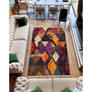 Yıkanabilir Halı – Mor; Turuncu; Krem; Siyah – Geometrik Desen, Pamuk Dokuma Taban, Makinede Yıkanabilir, Kolay Temizlenebilir, Toz Ve Tüy Tutmaz, Kaymaz, Evcil Hayvan Dostu