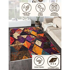 Yıkanabilir Halı – Mor; Turuncu; Krem; Siyah – Geometrik Desen, Pamuk Dokuma Taban, Makinede Yıkanabilir, Kolay Temizlenebilir, Toz Ve Tüy Tutmaz, Kaymaz, Evcil Hayvan Dostu