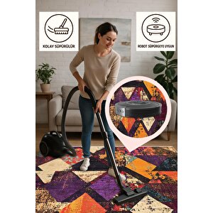 Yıkanabilir Halı – Mor; Turuncu; Krem; Siyah – Geometrik Desen, Pamuk Dokuma Taban, Makinede Yıkanabilir, Kolay Temizlenebilir, Toz Ve Tüy Tutmaz, Kaymaz, Evcil Hayvan Dostu