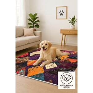 Yıkanabilir Halı – Mor; Turuncu; Krem; Siyah – Geometrik Desen, Pamuk Dokuma Taban, Makinede Yıkanabilir, Kolay Temizlenebilir, Toz Ve Tüy Tutmaz, Kaymaz, Evcil Hayvan Dostu