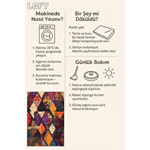 Yıkanabilir Halı – Mor; Turuncu; Krem; Siyah – Geometrik Desen, Pamuk Dokuma Taban, Makinede Yıkanabilir, Kolay Temizlenebilir, Toz Ve Tüy Tutmaz, Kaymaz, Evcil Hayvan Dostu