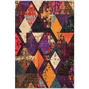 Yıkanabilir Halı – Mor; Turuncu; Krem; Siyah – Geometrik Desen, Pamuk Dokuma Taban, Makinede Yıkanabilir, Kolay Temizlenebilir, Toz Ve Tüy Tutmaz, Kaymaz, Evcil Hayvan Dostu 200x270 cm