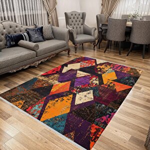 Yıkanabilir Halı – Mor; Turuncu; Krem; Siyah – Geometrik Desen, Pamuk Dokuma Taban, Makinede Yıkanabilir, Kolay Temizlenebilir, Toz Ve Tüy Tutmaz, Kaymaz, Evcil Hayvan Dostu 200x270 cm