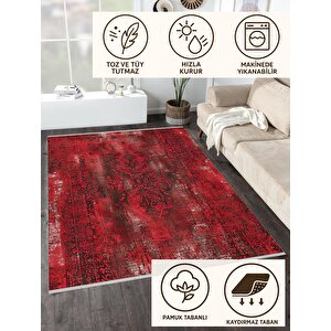 Halı – Kırmızı; Siyah; Beyaz – Eskitme Desen, Pamuk Dokuma Taban, Makinede Yıkanabilir, Kolay Temizlenebilir, Toz Ve Tüy Tutmaz, Kaymaz, Evcil Hayvan Dostu 80x80 cm