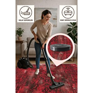 Halı – Kırmızı; Siyah; Beyaz – Eskitme Desen, Pamuk Dokuma Taban, Makinede Yıkanabilir, Kolay Temizlenebilir, Toz Ve Tüy Tutmaz, Kaymaz, Evcil Hayvan Dostu