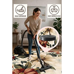 Yıkanabilir Halı – Krem; Kırmızı; Sarı; Yeşil – Çiçekli Desen, Pamuk Dokuma Taban, Makinede Yıkanabilir, Kolay Temizlenebilir, Toz Ve Tüy Tutmaz, Kaymaz, Evcil Hayvan Dostu