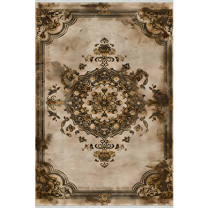 Halı – Bej; Kahverengi; Gold – Geleneksel Desen, Pamuk Dokuma Taban, Makinede Yıkanabilir, Kolay Temizlenebilir, Toz Ve Tüy Tutmaz, Kaymaz, Evcil Hayvan Dostu 180x270 cm
