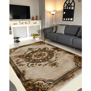 Halı – Bej; Kahverengi; Gold – Geleneksel Desen, Pamuk Dokuma Taban, Makinede Yıkanabilir, Kolay Temizlenebilir, Toz Ve Tüy Tutmaz, Kaymaz, Evcil Hayvan Dostu 180x270 cm