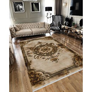 Halı – Bej; Kahverengi; Gold – Geleneksel Desen, Pamuk Dokuma Taban, Makinede Yıkanabilir, Kolay Temizlenebilir, Toz Ve Tüy Tutmaz, Kaymaz, Evcil Hayvan Dostu 180x270 cm