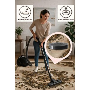 Halı – Bej; Kahverengi; Gold – Geleneksel Desen, Pamuk Dokuma Taban, Makinede Yıkanabilir, Kolay Temizlenebilir, Toz Ve Tüy Tutmaz, Kaymaz, Evcil Hayvan Dostu
