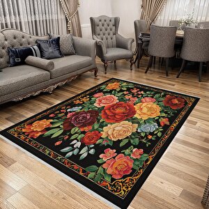 Yıkanabilir Halı – Siyah; Kırmızı; Sarı; Yeşil – Çiçekli Desen, Pamuk Dokuma Taban, Makinede Yıkanabilir, Kolay Temizlenebilir, Toz Ve Tüy Tutmaz, Kaymaz, Evcil Hayvan Dostu 200x350 cm