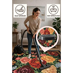 Yıkanabilir Halı – Siyah; Kırmızı; Sarı; Yeşil – Çiçekli Desen, Pamuk Dokuma Taban, Makinede Yıkanabilir, Kolay Temizlenebilir, Toz Ve Tüy Tutmaz, Kaymaz, Evcil Hayvan Dostu