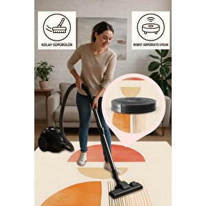 Yıkanabilir Halı – Kırmızı; Turuncu; Bej – Geometrik Desen, Pamuk Dokuma Taban, Makinede Yıkanabilir, Kolay Temizlenebilir, Toz Ve Tüy Tutmaz, Kaymaz, Evcil Hayvan Dostu