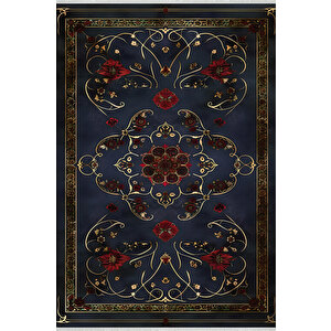 Halı – Lacivert; Kırmızı; Gold – Geleneksel Desen, Pamuk Dokuma Taban, Makinede Yıkanabilir, Kolay Temizlenebilir, Toz Ve Tüy Tutmaz, Kaymaz, Evcil Hayvan Dostu 160x230 cm